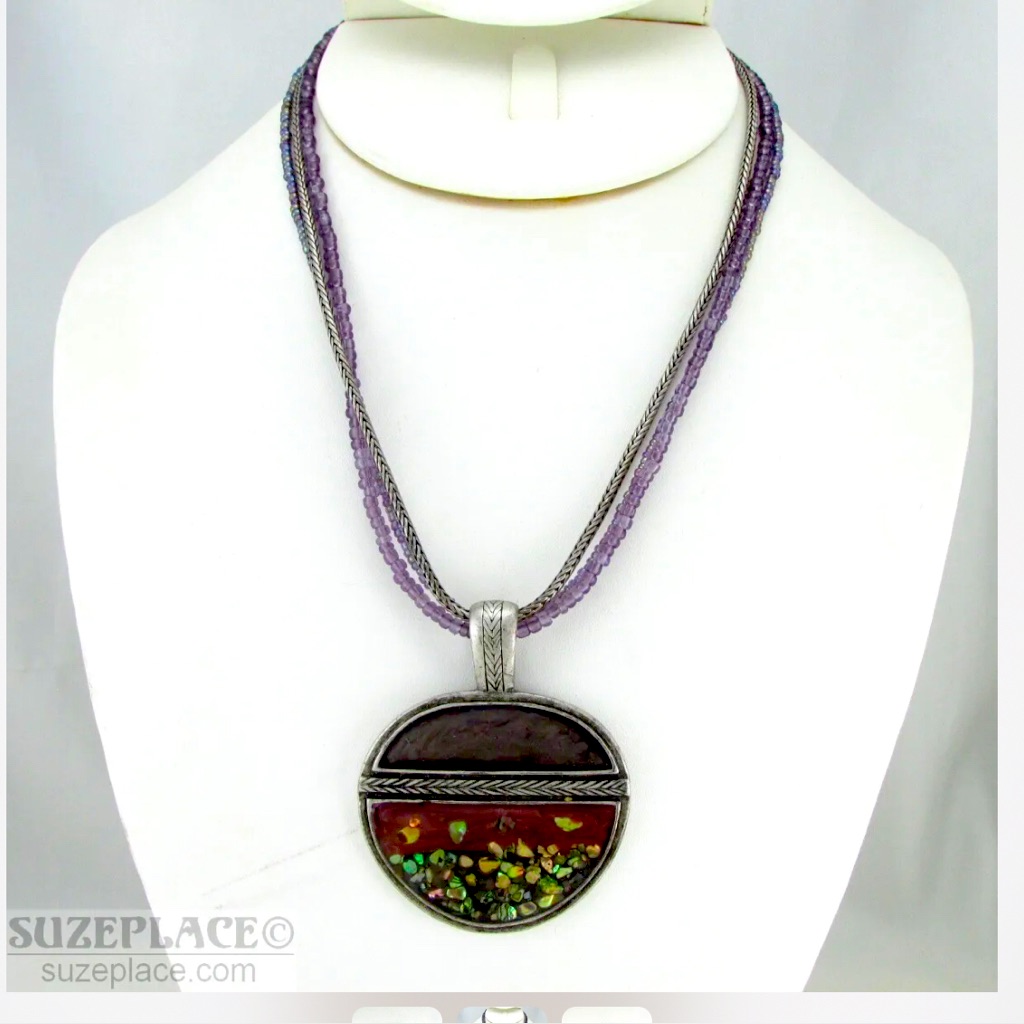 Laura Ashley Silver Tone Purple Bead Pendant Necklace Rustic Style 20$